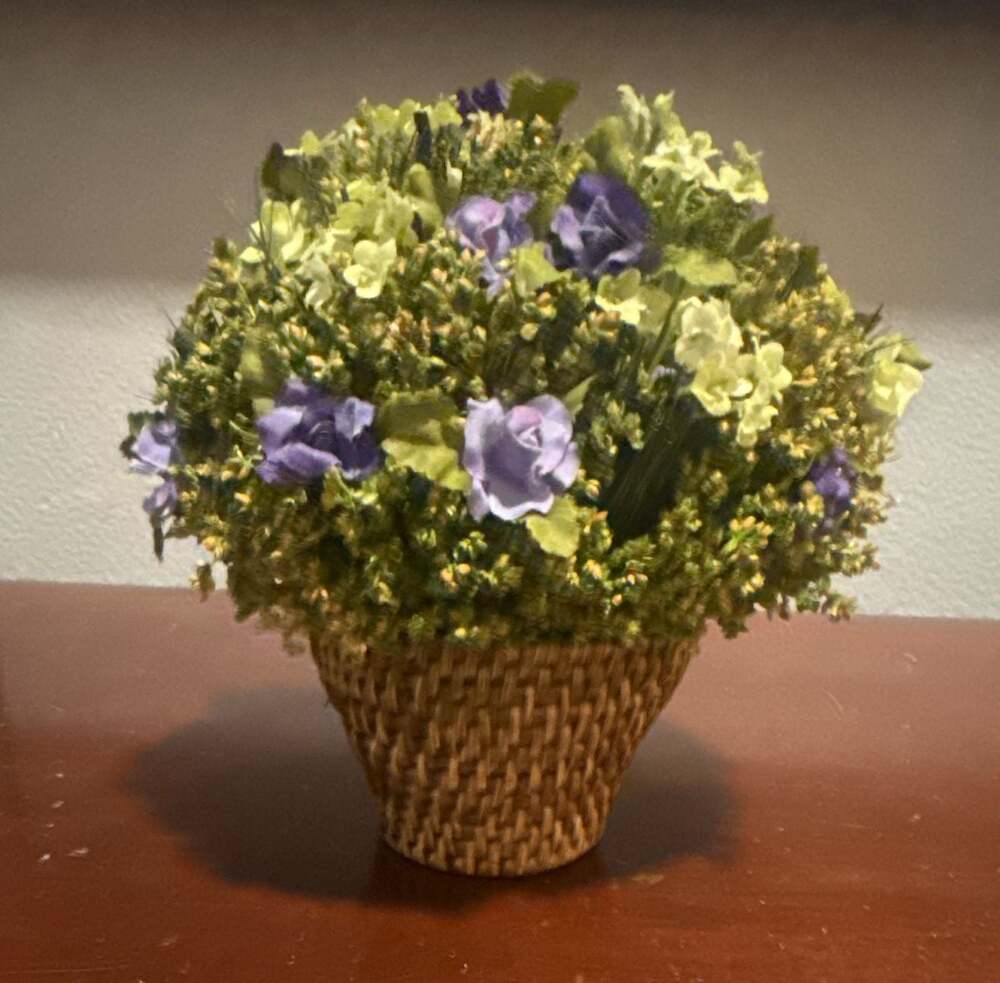 Artificial Purple and Green Floral Arrangement in Woven Basket